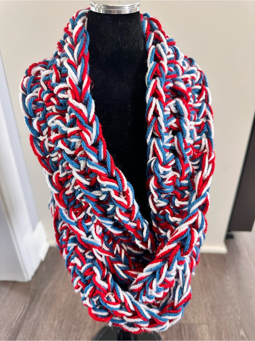 Chunky Crochet Infinity Scarf in Red, White & Blue